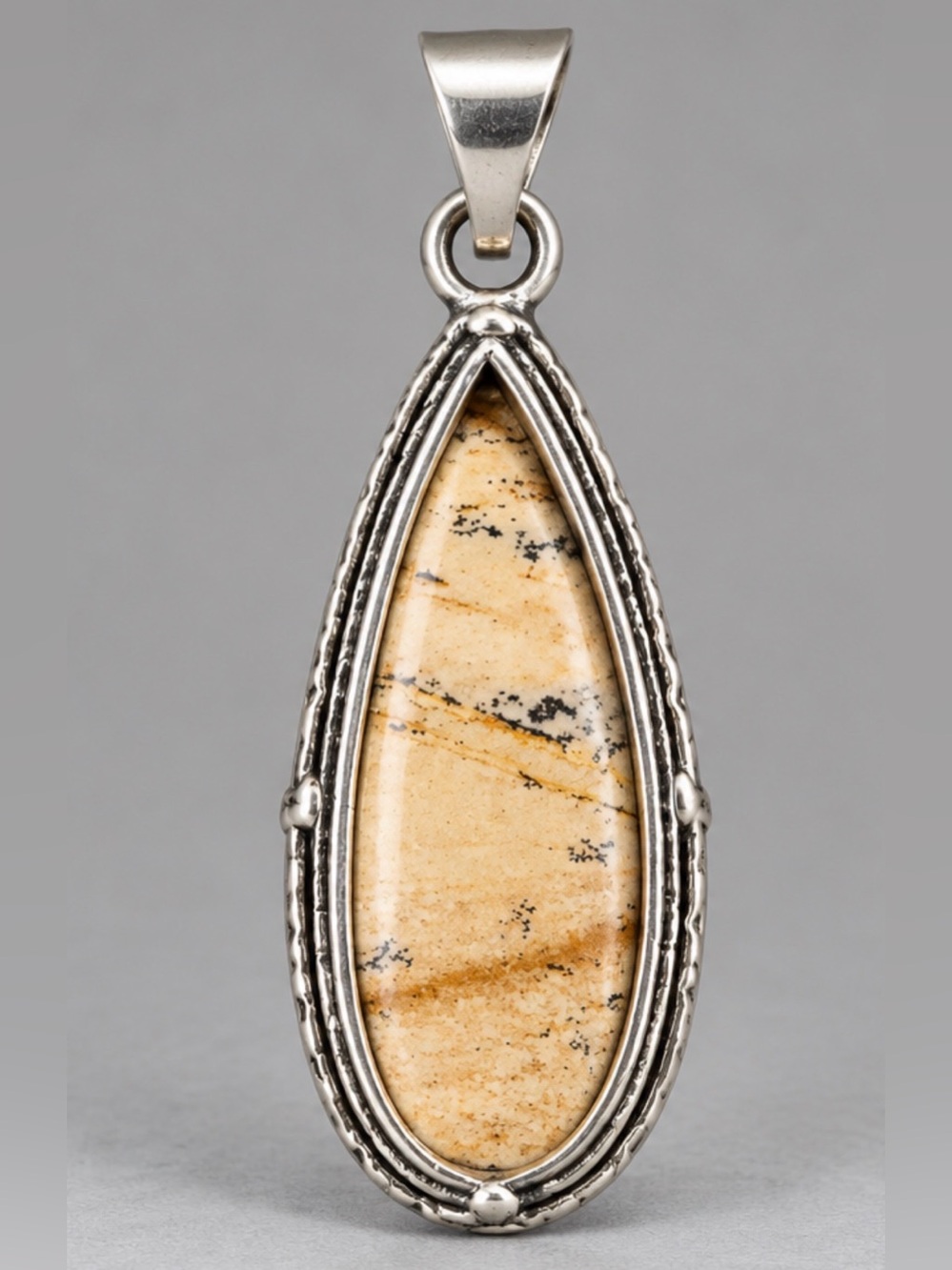 Beige Teardrop Stone Pendant in Silver Setting